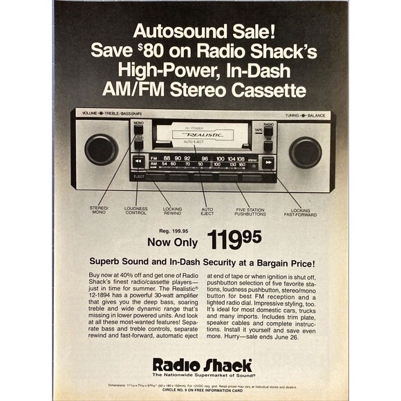 Radio Shack "High Power, In Dash AM/FM Car Stereo Cassette"Vintage Print Ad 1983 - Picture 1 of 3